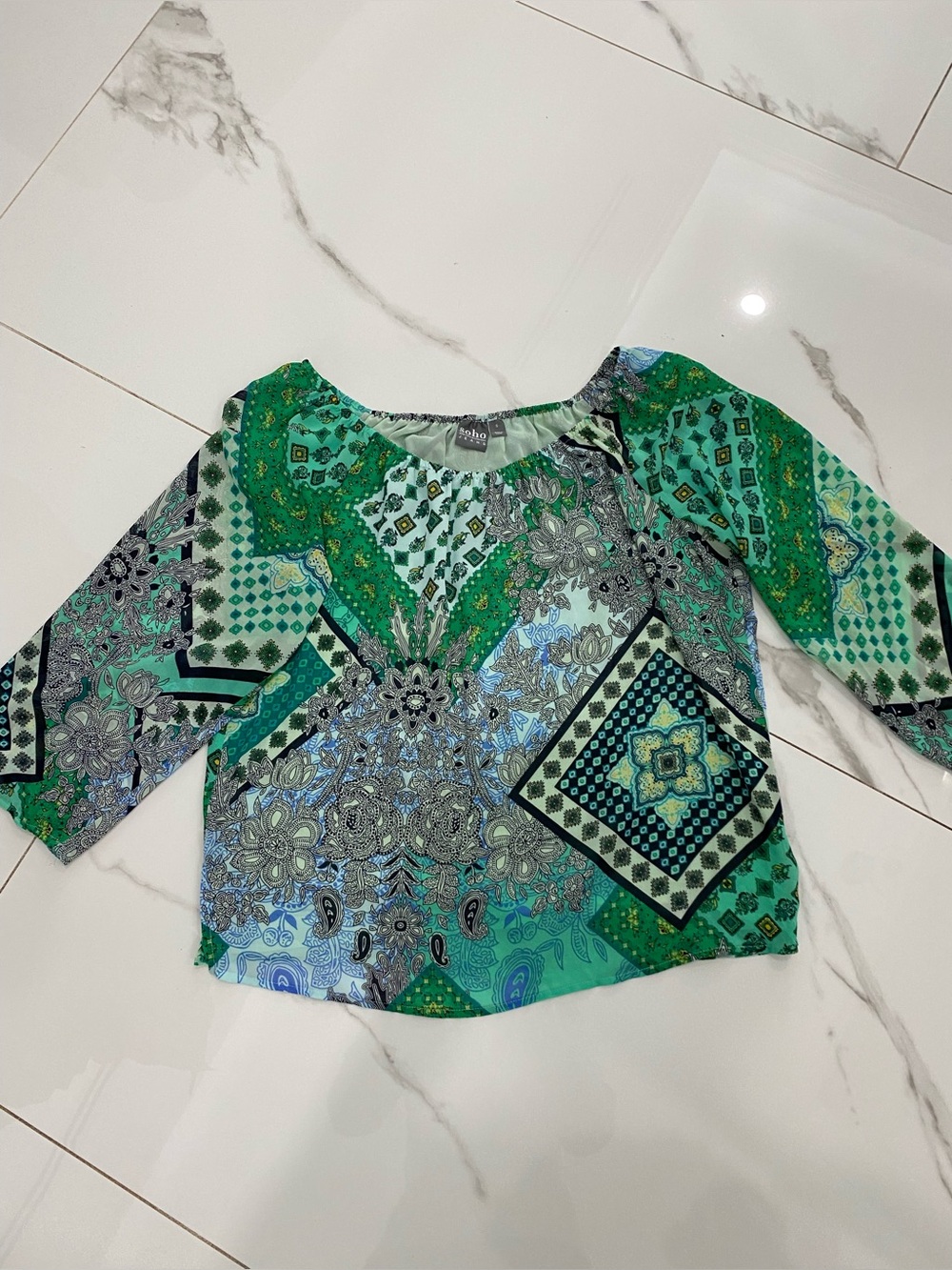 Soho Green and Teal Mixed-Print Peasant Blouse with scoop neckline 3/4 sleeves